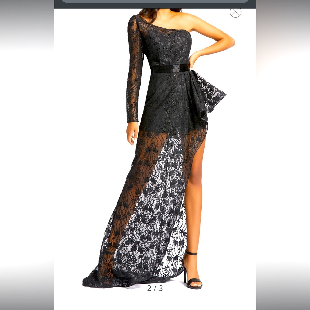 Mac Duggal black one shoulder asymmetric lace formal gown